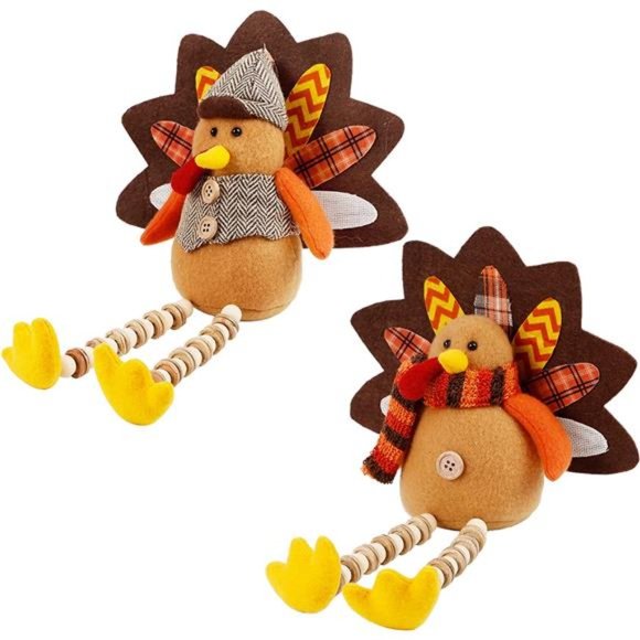Set of 2 Turkeys with Dangling Legs, Mr and Mrs Turkey Couple Plush Tabletop - Picture 3 of 7